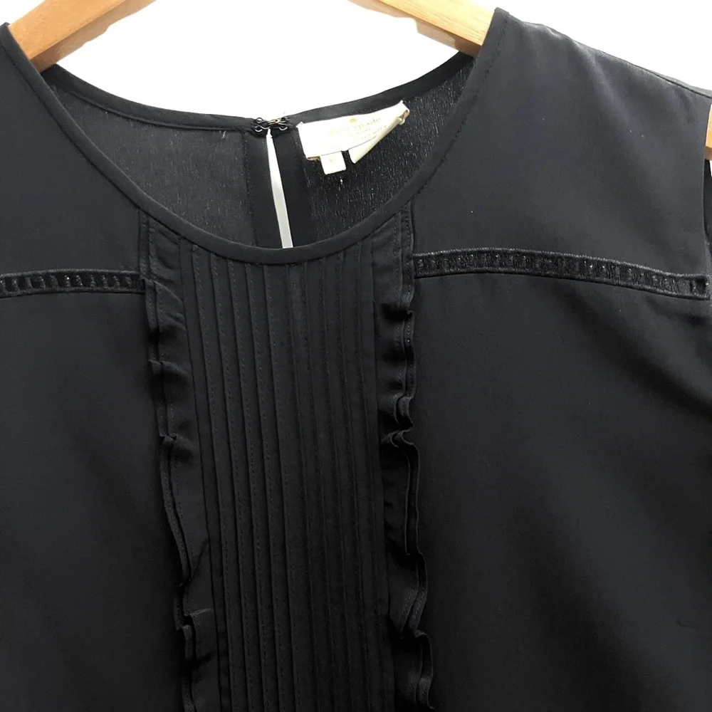 Kate Spade | Black Silk | Pleated | Embroidered | Sleeveless | Top